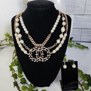 3 Strand Gold Chain and Pearl Necklace and Earrings Set Glam